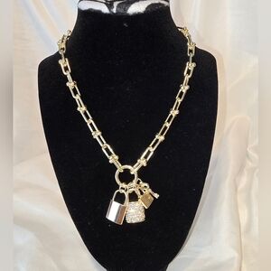 Gold Chain Necklace with Lock and Tassel Charms Gold Plated And Cubic Zirconia